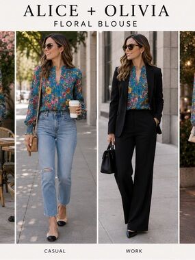 Alice + Olivia Floral Blouse Romantic Cottagecore  XS Blue Garden Print Top